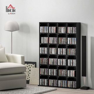 Mueble Porta CD Con Estantes Regulables, Estante Porta 456CD/336DVD Ahorra Espacio en Madera, Mueble Portacd Con 24 Compartimentos, para Sala, Dormitorio, Oficina, 89X20X130.5 Cm, Negro