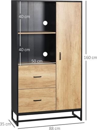 Credenza de Cocina Moderna Con 2 Cajones, 2 Estantes Y Un Armario Con 4 Compartimentos, Mueble Buffet Estilo Industrial Con Base de Acero, 88X35X160 Cm, Negro Y Madera