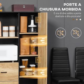Credenza de Cocina Moderna Con 2 Cajones, 2 Estantes Y Un Armario Con 4 Compartimentos, Mueble Buffet Estilo Industrial Con Base de Acero, 88X35X160 Cm, Negro Y Madera