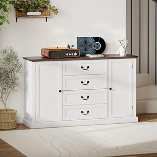 Credenza Cocina, Mueble Cocina Con 4 Cajones Soft Close, Tablero Grueso, Credenza Buffet Con Estantes Regulables, Estilo Rústico, para Sala de Estar, Comedor, 147X40X87 Cm, Blanco