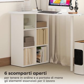 Escritorio Ahorrador de Espacio, Escritorio Pequeño Con 6 Compartimentos, 4 Estantes Ajustables Y Tablero Curvo, Mesa de Ordenador para Casa, Estudio Y Oficina, 100X59X75.5 Cm, Blanco