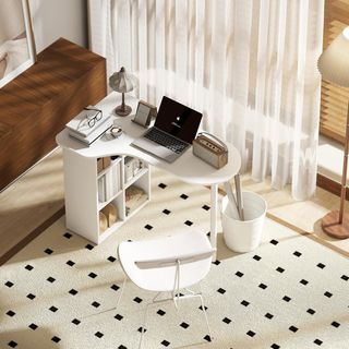 Escritorio Ahorrador de Espacio, Escritorio Pequeño Con 6 Compartimentos, 4 Estantes Ajustables Y Tablero Curvo, Mesa de Ordenador para Casa, Estudio Y Oficina, 100X59X75.5 Cm, Blanco