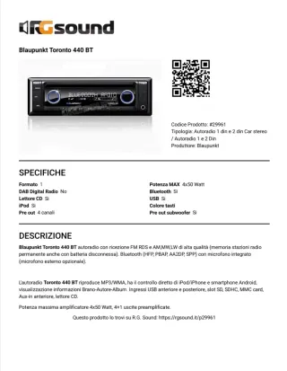 Radio Coche Blaupunkt Toronto 410BT Bluetooth