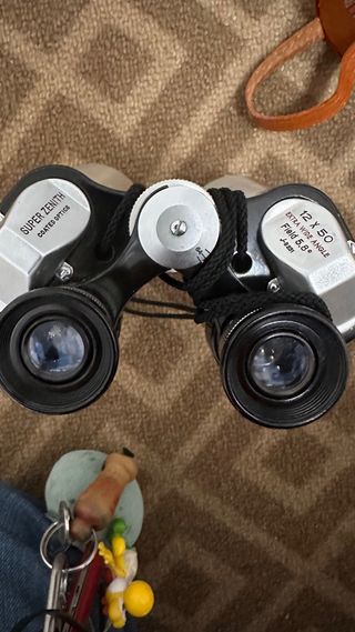 Prismáticos plateados con funda