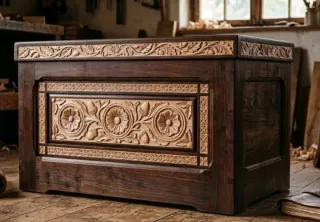 Baúl de pino tallado