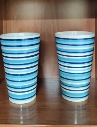 Jarrones Rayas Azules y Blancas Cerámica