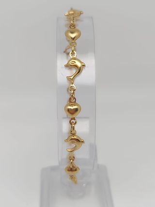 J-0825 Pulsera Oro 18K Delfines y Corazones