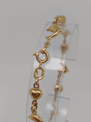 J-0825 Pulsera Oro 18K Delfines y Corazones