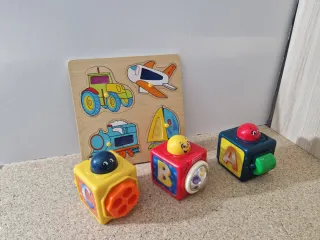 Juego cubos apilables Fisher-Price y puzzle madera