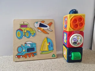 Juego cubos apilables Fisher-Price y puzzle madera