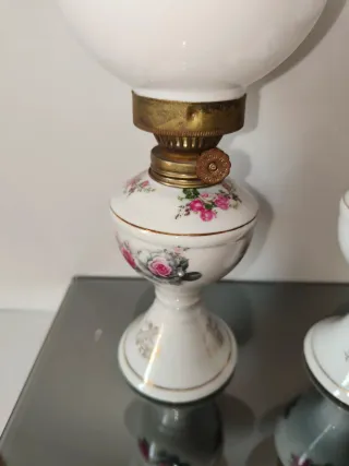 Coppia Lampade Olio Vintage Ceramica Floreale