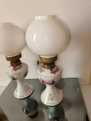 Coppia Lampade Olio Vintage Ceramica Floreale