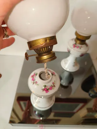Coppia Lampade Olio Vintage Ceramica Floreale