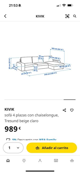 Sofá IKEA KIVIK 4 plazas, como nuevoMENOS DE UN ÑO