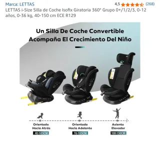 Silla Coche Bebé LETTAS Isofix Giratoria 0-36kg