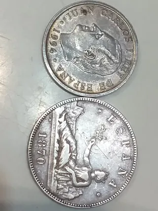 2 Monedas: 5 Pesetas 1870 y 2000 Pesetas 1994 plat