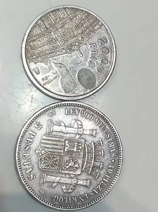 2 Monedas: 5 Pesetas 1870 y 2000 Pesetas 1994 plat