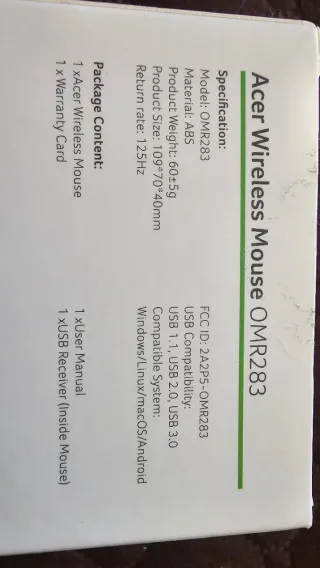 Ratón Óptico Inalámbrico Acer OMR283 Negro