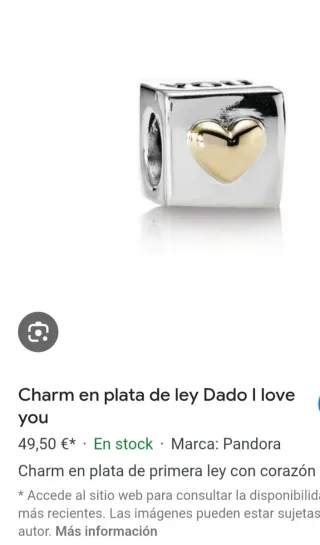 Charm Pandora Dado Corazón Oro Plata
