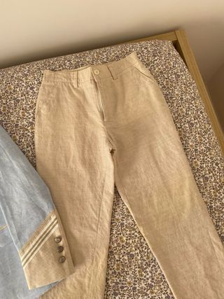 Traje Comunión Lino Niño Azul y Beige.  Talla 11