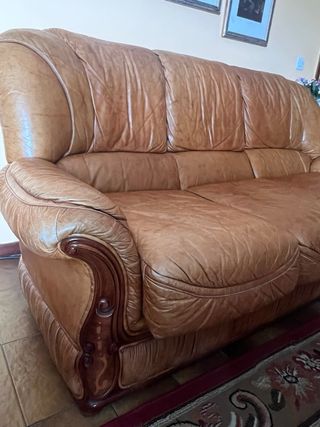 Sofá de piel marrón 3 plazas y dos anexos monoplaz