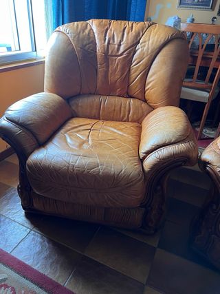 Sofá de piel marrón 3 plazas y dos anexos monoplaz