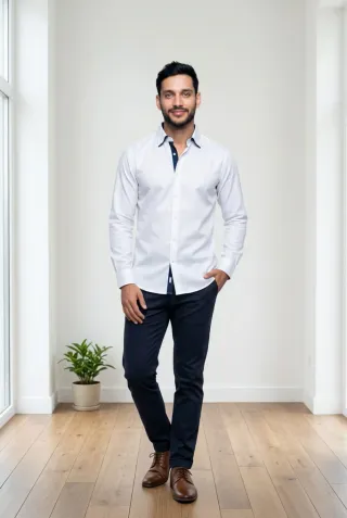 Camisa social branca e azul