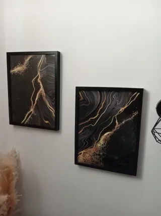 2 Cuadros Abstractos Negro y Dorado