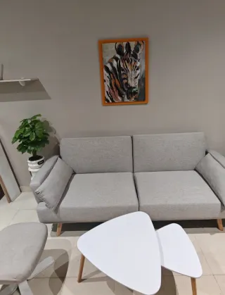 Conjunto Sofá-cama, Mesitas, Puff y Cuadro