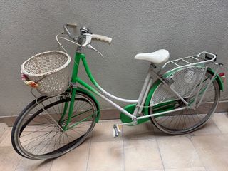 Bicicleta verde y blanca con cesta