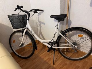Bicicleta urbana blanca con cesta, y su pata