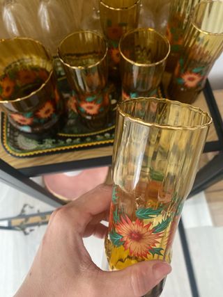 Vasos vintage florales ámbar x 6