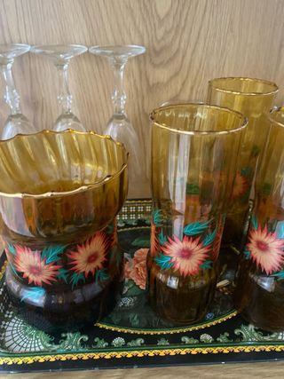 Vasos vintage florales ámbar x 6