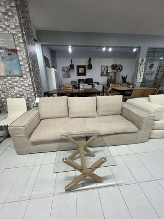 Sofá Miri Beige Tela con Mesa Centro Cristal