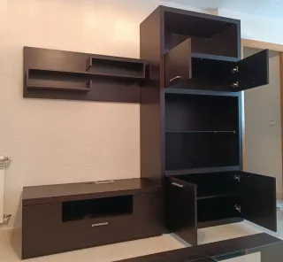 Mueble de salón modular madera wengue y cristal