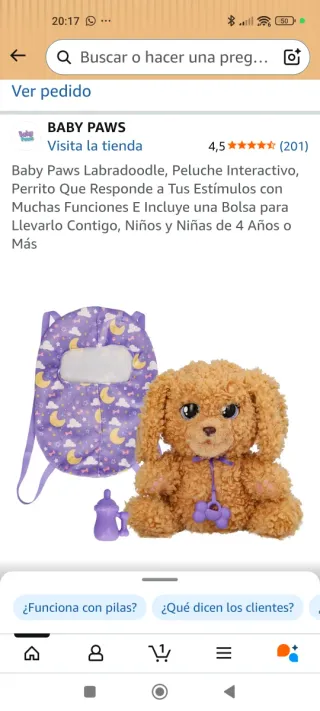 Peluche perro interactivo Baby Paws con accesorios
