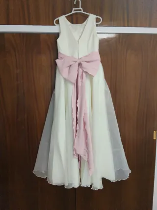 Vestido de comunión niña blanco hueso rosa
