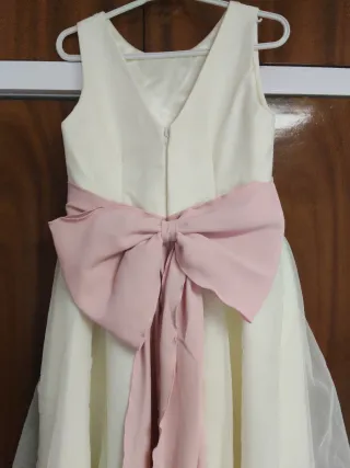Vestido de comunión niña blanco hueso rosa