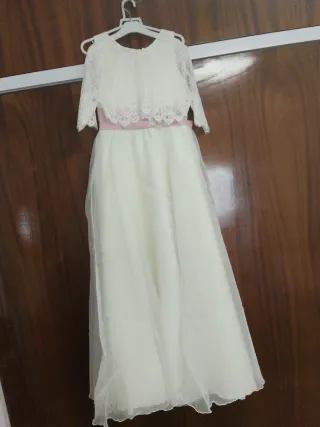 Vestido de comunión niña blanco hueso rosa