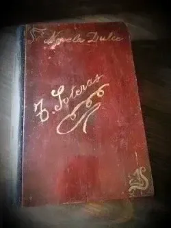 Antigua caja de madera con forma de libro