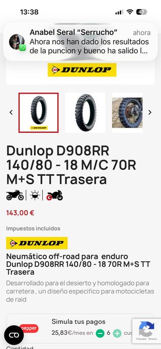 Neumático Dunlop D908RR Rally Raid 140/80-18 70R