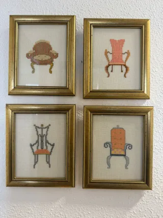 Set 4 Cuadros Punto de Cruz Sillas Vintage