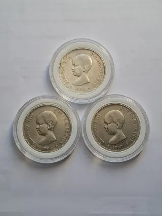 3 Monedas 5 Ptas Plata Alfonso XIII 1888-1890