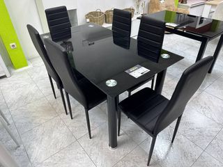 Conjunto Comedor 6 Plazas Madrid - Negro y Cristal