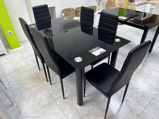 Mesa Cristal + 6 Sillas Negras Murcia - Estreno!