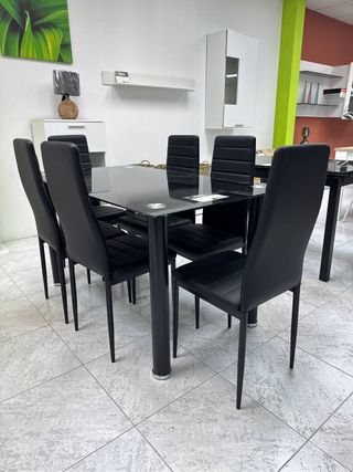 Mesa Cristal + 6 Sillas Negras Murcia - Estreno!