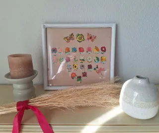 Cuadro artesano cromos flores años 70