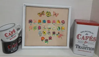 Cuadro artesano cromos flores años 70