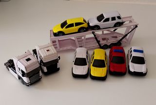 Tráiler de juguete + 6 coches+ 2 cabezas tractoras