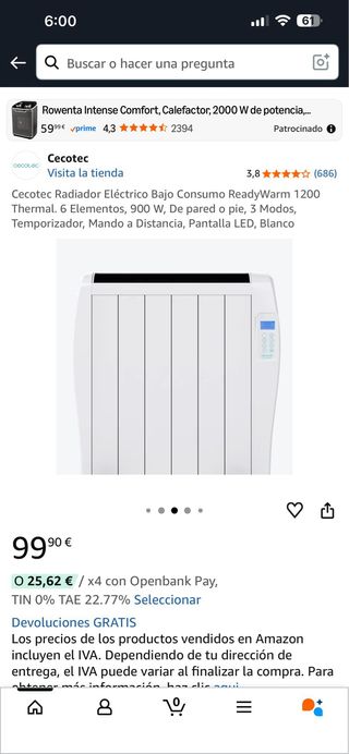 Cecotec Radiador Eléctrico Bajo Consumo